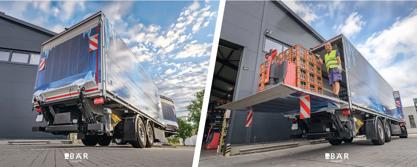 Aflæsning af paller med drikkevare med truck via en Bar Cargolift monteret på anhængeren i et vogntog